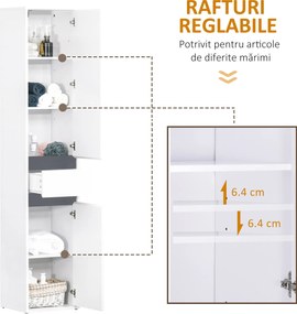 HOMCOM Dulap de Baie tip Coloană, cu 2 Dulapuri cu Polițe Reglabile și Sertar Central, Dulap Baie din Lemn, 35x31x172 cm, Alb | Aosom Romania