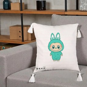 Perna Personalizata Labubu Turcoaz, 40x40 cm, Bej cu Franjuri, Husa Detasabila, Perna Inclusa, BEKZ®