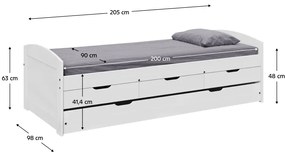 Pat cu pat suplimentar extensibil, alb, lemn masiv, 90x200, MARINELLA NEW