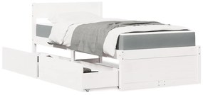 vidaXL Pat cu sertare și saltea, alb, 100x200 cm, lemn masiv pin