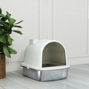 PawHut Arenero pentru Pisici din Oțel Inoxidabil cu Acoperitor Sac Deodorizant Lopată Ușor de Curățat 52,4x41,3x39,9 cm Alb | Aosom Romania