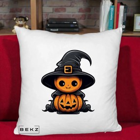 Perna Decorativa Halloween Dovleac Vrajitor Kawaii, 40x40 cm, Alb Pufos, Husa Detasabila, Perna Inclusa, BEKZ®