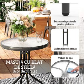 Outsunny Set Mobilier de Grădină din 3 Piese cu Scaune Suprapozabile și Masă din Sticlă, 54x71x93 cm, Gri Închis | Aosom Romania
