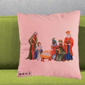 Perna Decorativa Nasterea Domnului Cei Trei Magi Acuarela, 40x40 cm, Roz, Husa Detasabila, Perna Inclusa, BEKZ®