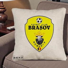 Perna Personalizata FC Brasov Fotbal Romania, 40x40 cm, Bej Canapea, Husa Detasabila, Perna Inclusa, BEKZ®