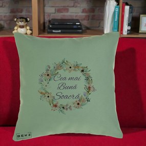 Cadou pentru Soacra - Perna Personalizata Cea mai Buna Soacra cu Coronita Flori Boho Pastel, 40x40 cm, Verde, Husa Detasabila, Perna Inclusa, BEKZ®