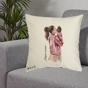 Cadou pentru Mama - Perna Personalizata Super Mom Jachete Roz, 40x40 cm, Ecru, Husa Detasabila, Perna Inclusa, BEKZ®