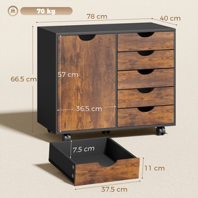 HOMCOM Mobilier de depozitare pentru birou 5 sertare 1 ușă poliță reglabilă, suport imprimantă pe roți, 78x40x66,5 cm, maro | Aosom Romania
