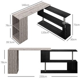 HOMCOM Birou de Colț cu Raft în Formă de S, Birou Modern din Lemn, 140x120x78 cm, Gri | Aosom Romania