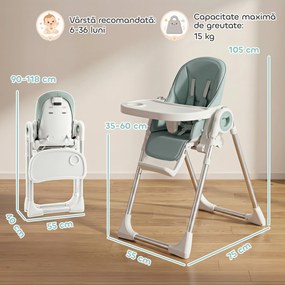 AIYAPLAY Scaun de Masă Pliabil pentru Copii 6-36 Luni cu Înălțime Reglabilă, Tăviță Dublă Lavabilă, Roți, Verde | Aosom Romania