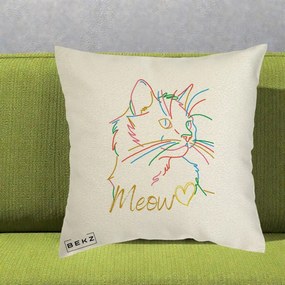 Perna Personalizata Pisica Meow Arta Linie Colorata, 40x40 cm, Ecru, Husa Detasabila, Perna Inclusa, BEKZ®