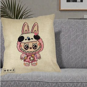 Perna Personalizata Labubu Panda-Bunny Roz, 40x40 cm, Crem, Husa Detasabila, Perna Inclusa, BEKZ®