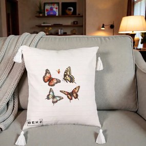 Perna Decorativa Colectie Fluturi Multicolori, 40x40 cm, Bej cu Franjuri, Husa Detasabila, Perna Inclusa, BEKZ®