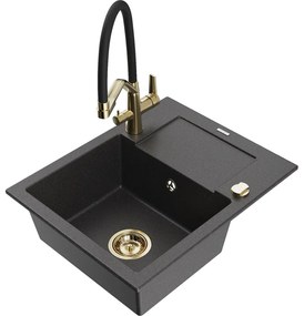 Mexen Enzo chiuvetă de granit cu un compartiment, cu picurător și baterie de bucătărie Duo, Negru cu picățele - 6506-76-671701-5