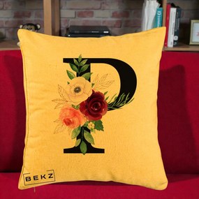 Cadou Personalizat - Perna Personalizata Monograma Florala Litera P, 40x40 cm, Galben, Husa Detasabila, Perna Inclusa, BEKZ®