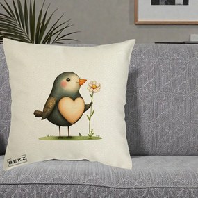 Perna Decorativa Pasare cu Inima si Margareta, 40x40 cm, Ecru, Husa Detasabila, Perna Inclusa, BEKZ®