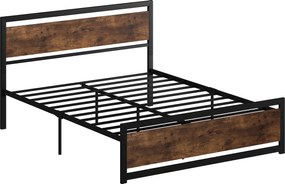 HOMCOM Cadru Pat Matrimonial din Lemn si Otel 160x200cm, Sipci Integrate si Tetiera in Stil Industrial, Negru Maro Rustic