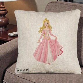 Perna Decorativa Printesa Aurora Rochie Roz, 40x40 cm, Bej Canapea, Husa Detasabila, Perna Inclusa, BEKZ®