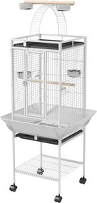 PawHut Colivie pentru păsări, volieră pe roți cu suport, tavă glisantă, bară de lemn pentru odihnă, 62,5x62,5x156cm, alb | Aosom Romania
