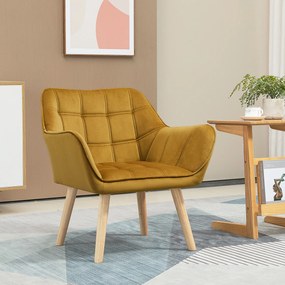 HOMCOM Fotoliu Tapitat, Fotoliu Cu Accente, Design Nordic, Efect De Catifea, până la 120 kg, picioare din lemn de cauciuc, Galben | Aosom Romania