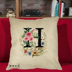 Cadou Personalizat - Perna Personalizata Monogram Litera H cu Flori Acuarela, 40x40 cm, Crem, Husa Detasabila, Perna Inclusa, BEKZ®