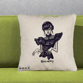 Perna Personalizata Wednesday Addams Dans Gotic, 40x40 cm, Bej Canapea, Husa Detasabila, Perna Inclusa, BEKZ®