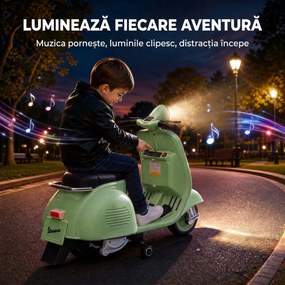 AIYAPLAY Motocicletă Electrică pentru Copii 3+ Ani, Licență VESPA, 6V, cu Roți Ajutătoare Detașabile, Max. 30 kg, Verde | Aosom Romania