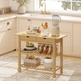 HOMCOM Cărucior de Bucătărie din Lemn de Bambus cu 2 Sertare, 2 Rafturi și 2 Roți, 100x43x75 cm, Lemn | Aosom Romania