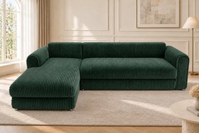 Colțar extensibil Sienna Mini din stofă raiată, verde, colț pe stânga, cu ladă de depozitare