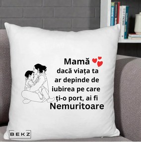 Cadou pentru Mama - Perna Personalizata Mama Nemuritoare Kawaii, 40x40 cm, Alb Pufos, Husa Detasabila, Perna Inclusa, BEKZ®