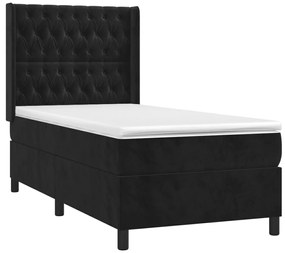 Pat box spring cu saltea, negru, 90x200 cm, catifea Negru, 90 x 200 cm, Design cu nasturi