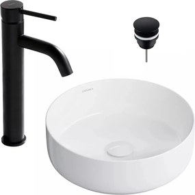 Pachet lavoar pe blat Omnires Tulsa alb 36 cm, baterie lavoar Rea Lungo negru si ventil lavoar Click-Clack D negru