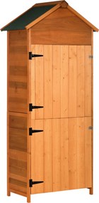 Outsunny Sopron de Gradina din Lemn cu 2 Usi, Dulap de Exterior Depozitare Unelte cu 3 Rafturi, 84x52x188cm