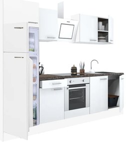 Mobilă de bucătărie Yorki 270, corp alb, față alb satinat, element cuptor inferior, frigider congelator superior