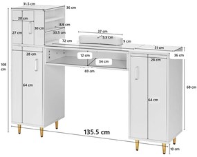 MANIA203 - Masuta manichiura, 135 cm, cu pernita, blat de sticla, masa cosmetica - Alba