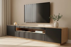 Comodă TV Loftia 200 cm cu două uși și nișă - artisan / negru mat