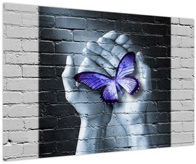 Tablou - Fluture violet pe perete (90x60 cm)