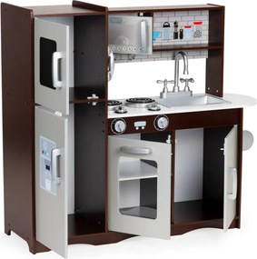 Bucătărie pentru copii din lemn cu dulapuri și frigider