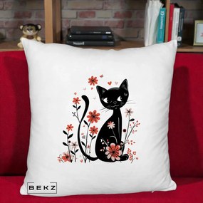Perna Decorativa Pisica Neagra Flori Roz si Inimi, 40x40 cm, Alb Pufos, Husa Detasabila, Perna Inclusa, BEKZ®