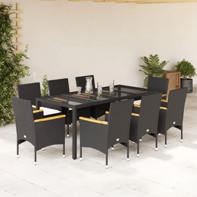 vidaXL Set mobilier de grădină cu perne 9 piese negru poliratan&amp;sticlă