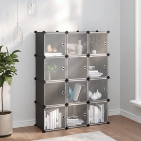 Organizator cub de depozitare cu usi, 12 cuburi, negru, PP 1, 94.5 x 31.5 x 124 cm, negru si transparent, negru si transparent, 94.5 x 31.5 x 124 cm