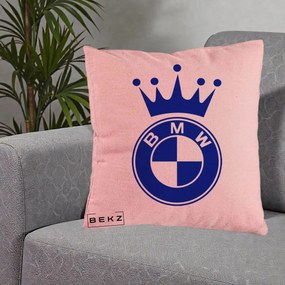 Perna Personalizata cu emblema BMW si Coroana, 40x40 cm, Roz, Husa Detasabila, Perna Inclusa, BEKZ®