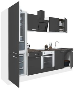Mobilă de bucătărie Yorki 270, corp alb, față antracit satinat cu element cuptor inferior și frigider congelator inferior