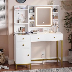 SEA474 - Set Masa toaleta, 98 cm, cosmetica machiaj, oglinda cu LED, masuta vanity cu 2 Porturi USB, si 2 Prize - Alb-Auriu