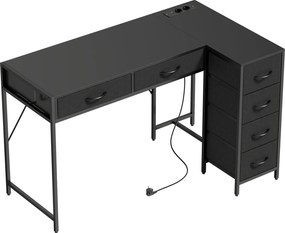 HOMCOM Birou de Colț Reversibil cu Prize și Porturi USB, 126x48 cm Birou în Formă de L cu 6 Sertare din Material Textil, Cârlig Lateral, pentru Computer, Birou, Cameră, Negru | Aosom Romania