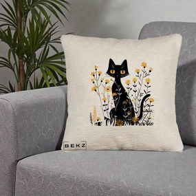 Perna Decorativa Pisica Neagra Ochi Galbeni Flori Galbene, 40x40 cm, Bej Canapea, Husa Detasabila, Perna Inclusa, BEKZ®