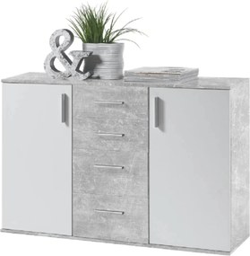 Comoda POPPY 5, alb/gri ciment, PAL melaminat, 120x35x82 cm