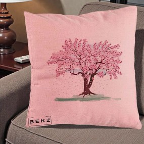 Perna Decorativa Cires Inflorit Acuarela, 40x40 cm, Roz, Husa Detasabila, Perna Inclusa, BEKZ®