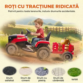 AIYAPLAY 2 în 1 Tractor Electric pentru Copii 3-8 Ani cu Remorcă Detașabilă, Telecomandă, Muzică, Lumini, Roșu | Aosom Romania