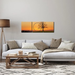 Tablou cu apus de soare pe o luncă (cu ceas) (90x30 cm)